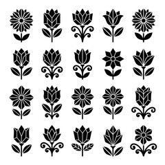 Fototapeta premium Twenty black floral featuring stylized flowers on stems with leaves and decorative scrolls isolated on a white background for