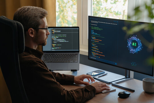Professional programmer using an AI coding assistant or Artificial intelligence agent on a desktop computer while writing software code in a home office. Vibe coding concept. Space for text