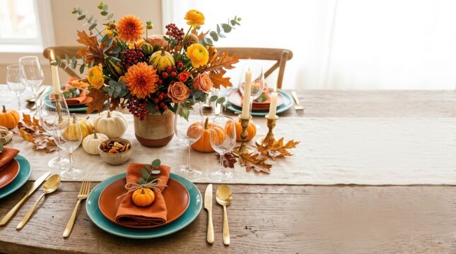 Thanksgiving autumn harvest table setting with pumpkin pie