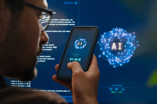 Rear view close-up of man holding smartphone and talking with AI voice assistant app with futuristic artificial intelligence chatbot or AI agent interface in the background. Space for text 