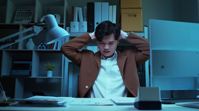 Stressed and exhausted Asian businessman holding head working late overtime at dark office