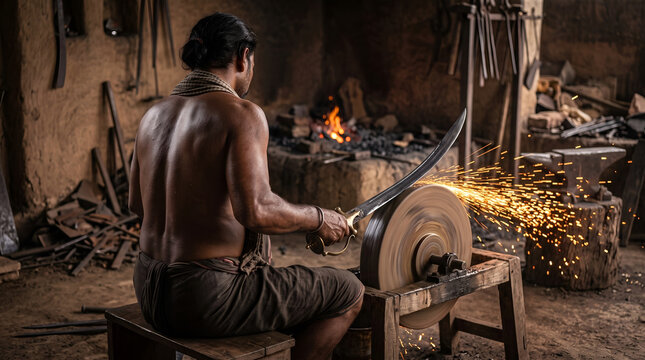 Traditional Indian blacksmith sharpening Rajput sword with sparks generative AI background
