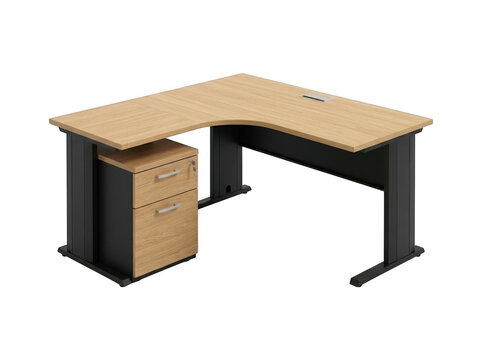 Modern l shaped office desk made of light wood finish and black metal legs with attached file cabinet, furniture
