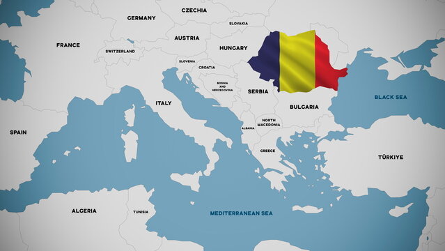 Romania Map Highlighted with National Flag Texture on Europe Map Illustration