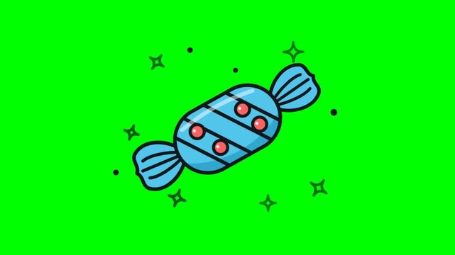 Animated cartoon blue candy with sparkles on green screen. Motion graphic of wrapped sweet toffee for game and party design.