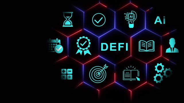 De fi decentralized finance concept with digital and glowing hexagonal network background, defi blockchain