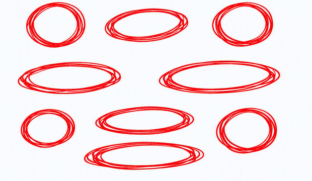 Hand drawn red circles and ovals scribble frames set design elements.
