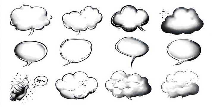 Hand-drawn set of speech and thought bubbles in cloud and oval shapes with ink shading and a thumbs-up hand, playful expressive sketchy comic mood