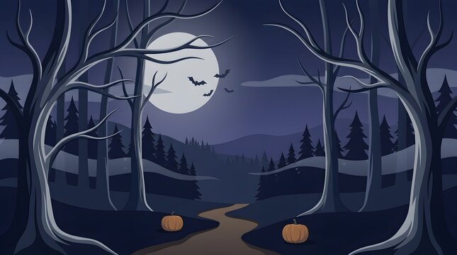 Moonlit forest path with glowing orange pumpkins and bare trees