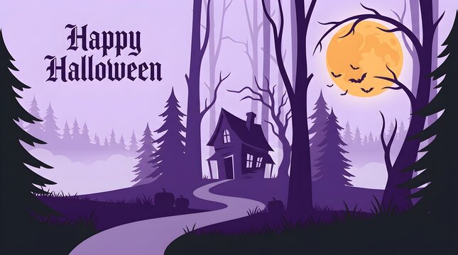 Happy halloween illustration with ghost in a spooky forest at night