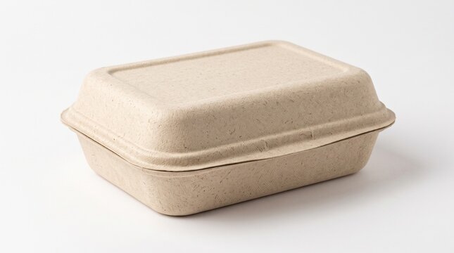 Eco-friendly biodegradable food container on white background. Sustainable recycled paper pulp lunch box. Compostable takeaway packaging for catering.