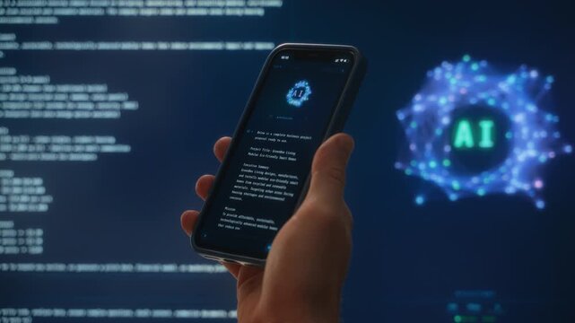 Close up of hand holding smartphone with AI chatbot assistant app. Artificial intelligence applications on phone and computer help with daily and work tasks. Space for text