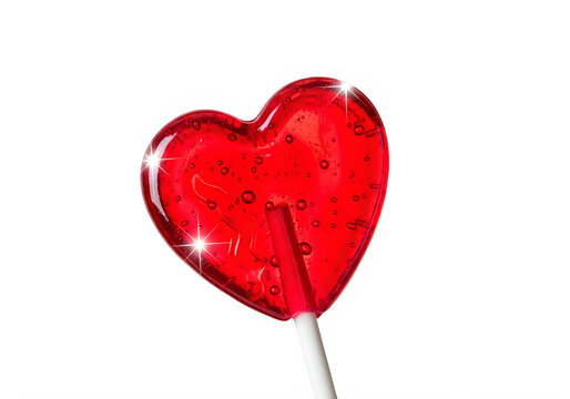 Shiny red heart shaped lollipop candy isolated on transparent background, isolated on white background