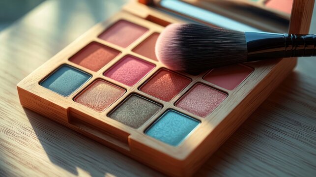 Colorful eyeshadow palette in a wooden case with shimmer and matte pans, soft makeup brush resting on top on a sunlit wooden tabletop, warm inviting creative mood