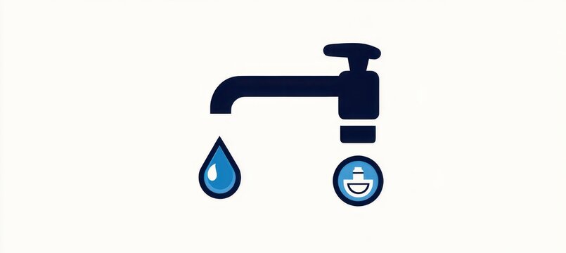 Minimal dark faucet silhouette dripping a single blue water droplet beside a circular water service icon, clean and informative graphic