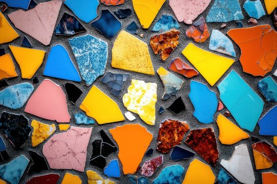 vibrant multicolored mosaic of irregular ceramic tile shards in dark grout conveying a playful energetic abstract pattern