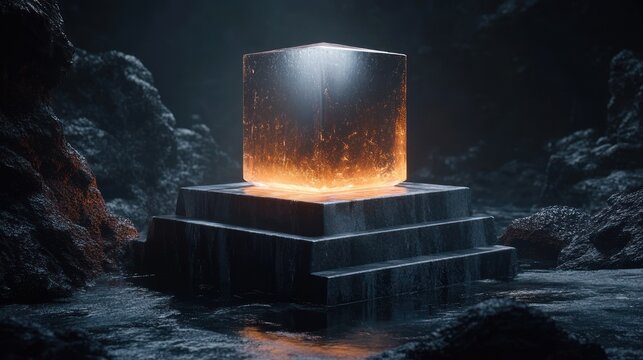 glowing translucent cube with molten orange core resting on a stepped stone pedestal in a wet dark cavern, casting warm light and mysterious awe
