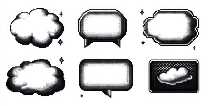 six retro pixel art speech and thought bubbles featuring cloud-shaped and rectangular comic dialog boxes with halftone shading and sparkle accents, playful nostalgic mood