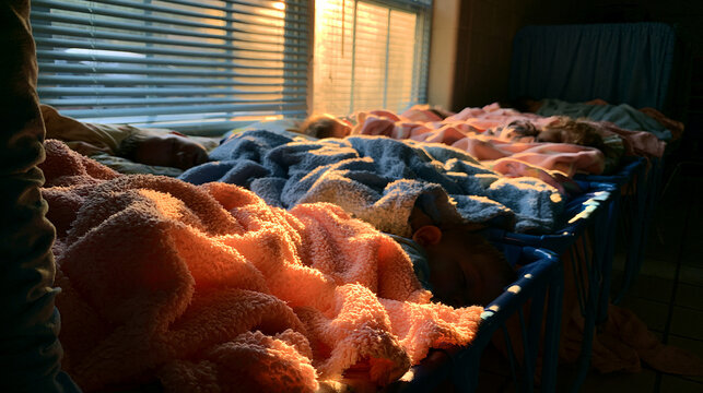 Toddlers sleep peacefully on small cots during nap time in a bright daycare room.