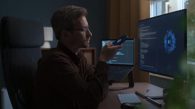 Man using AI voice assistant app on smartphone while working at a computer at home, asking questions, interacting with an artificial intelligence chatbot for productivity, and automation. Side view