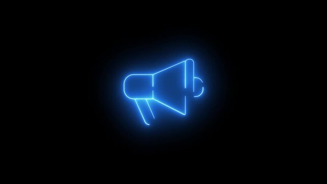 Glowing neon megaphone animation, digital marketing and announcement concept, blue light sign on black background