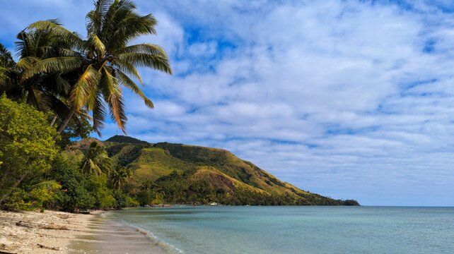 Idyllic tropical island of Kadavu in Fiji with white sandy beach, coconut palm trees, and calm ocean water