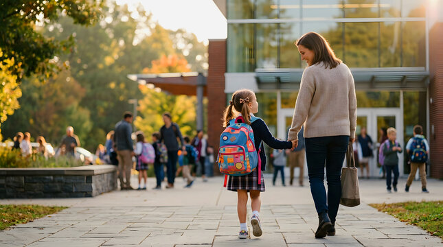 Mother holding hands with young daughter wearing backpack walking toward school entrance building autumn morning daughter backpack