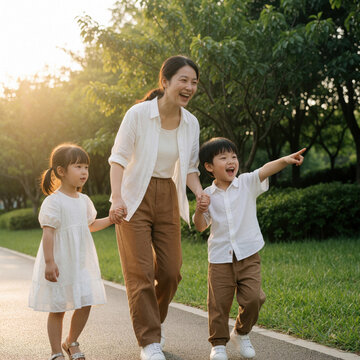 Mother walks with her son and daughter in a park at sunset. They hold hands, smiling and enjoying time outdoors together. Boy points ahead, curious about surroundings.