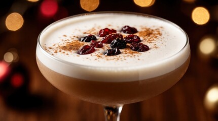 Fototapeta premium Creamy holiday cocktail adorned with cranberries and cinnamon dust. Served in coupe glass, this festive drink features a rich foam, perfect for celebrations and winter gatherings.