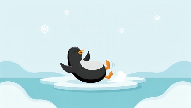 Cheerful penguin sliding playfully across floating iceberg in snowy winter landscape with stylized vector illustration