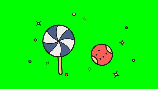 2D animated swirl lollipop and candy with sparkling stars on green screen background