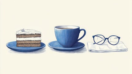 Fototapeta premium slice of layered cake on a blue plate, blue cup and saucer with a hot beverage, and reading glasses resting on a folded napkin on a pale background, peaceful cozy mood