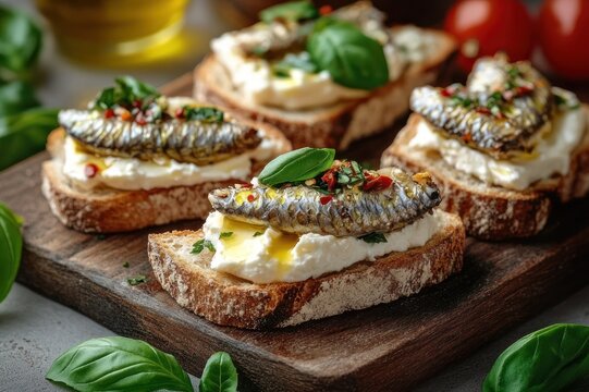 Rustic crostini: slices of crusty bread topped with creamy cheese, grilled sardines, basil leaves, chili flakes and olive oil on a wooden board with cherry tomatoes &mdash; appetizing savory bite