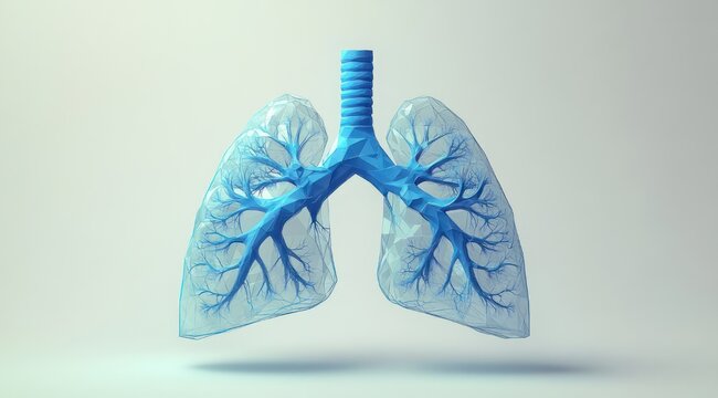 translucent low-poly blue human lungs with trachea and branching bronchi floating above a soft shadow on a pale background, calm clinical scientific mood