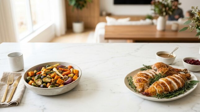 Thanksgiving roasted turkey slices served on white plate