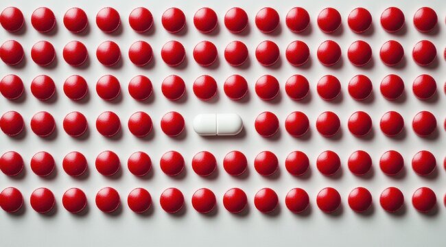 single white capsule surrounded by orderly rows of red round pills conveying contrast, isolation, and individuality