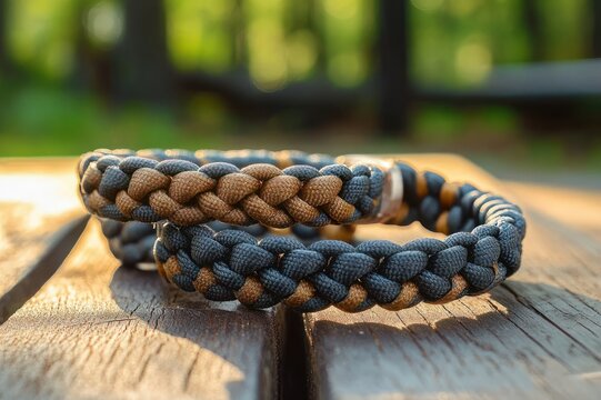 Handmade braided paracord survival bracelets resting on a sunlit wooden bench, warm outdoorsy rustic calm