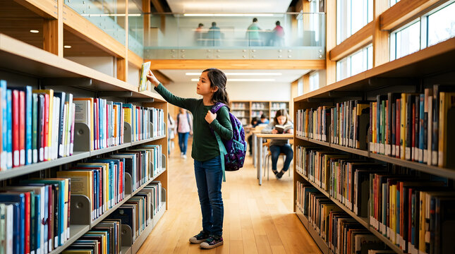 Young girl reaching for a book on a wooden shelf in a school library with bookshelves and students bookshelf education learning backpack
