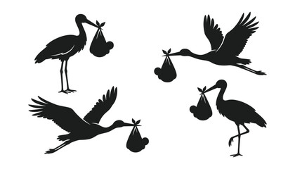 Naklejka premium Elegant Stork Carrying Baby Silhouette Vector Set featuring Flying and Standing Mythical Birds with Newborn Bundles for Baby Shower Announcement Cards Graphic Designs