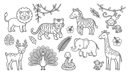 Obraz premium Cute Safari Jungle Animal Coloring Book Page Vector Set with Kawaii Lion Tiger Zebra Giraffe Elephant Monkey and Tropical Leaves for Kids Activity Graphic Designs