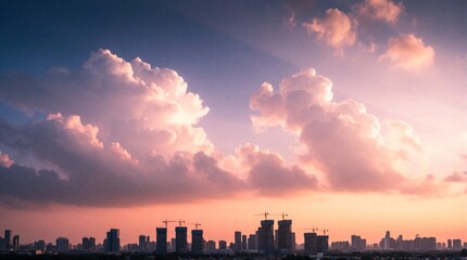 Obraz premium City skyline at sunset with dramatic pink and orange clouds. Buildings under construction against a beautiful dusky sky. Urban landscape views.