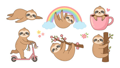 Naklejka premium Cute Kawaii Sloth Vector Character Set with Adorable Animals Hanging on Rainbow Tree Branch Riding Scooter and in Coffee Mug for Kids Graphic Designs