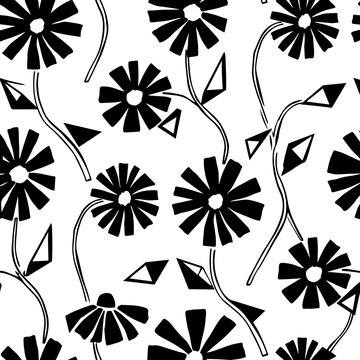 Hand drawn black and white seamless pattern featuring stylized daisy flowers and geometric triangle shapes on white