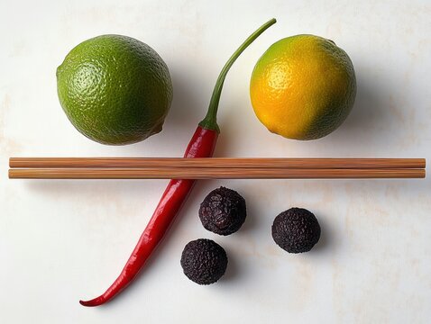 Minimal still life of two citrus fruits, a red chili pepper, three dried limes and wooden chopsticks on white background conveying fresh, vibrant, balanced mood