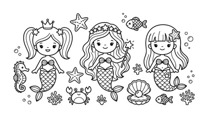 Obraz premium Cute Mermaid Coloring Book Page Vector Set with Kawaii Sea Girls Magic Wand Crab Seahorse Starfish and Underwater Shells for Children Activities