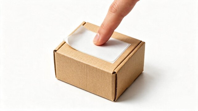 Finger pressing a blank white adhesive label onto a small brown corrugated cardboard box, e-commerce shipping or product packaging concept.