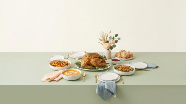 Thanksgiving table setting with roasted turkey centerpiece