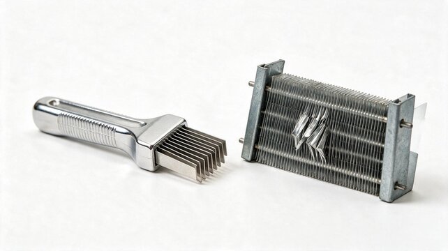 Stainless steel meat tenderizer and separate blade assembly on white background, essential kitchen tool for food preparation