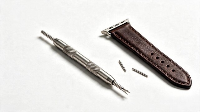 Premium brown leather watch strap, spring bar tool, and small pins for timepiece band replacement or repair on a white background.