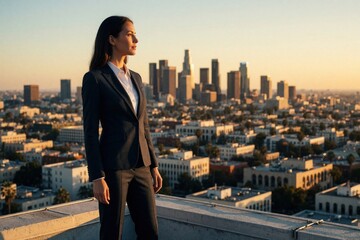 Fototapeta premium Businesswoman stands on rooftop overlooking Los Angeles city skyline at sunset. She wears a dark suit, looking out with a gaze of ambition and future success.